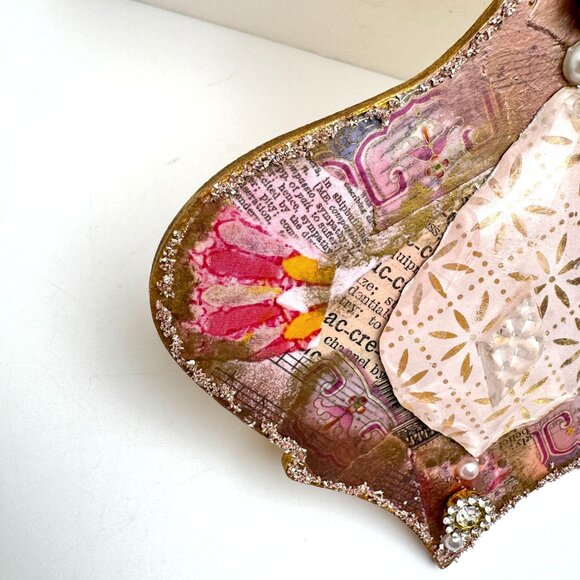Handcrafted OOAK Collage Ornament Gold Pink Accents Pearl Rhinestone - Picture 8 of 8